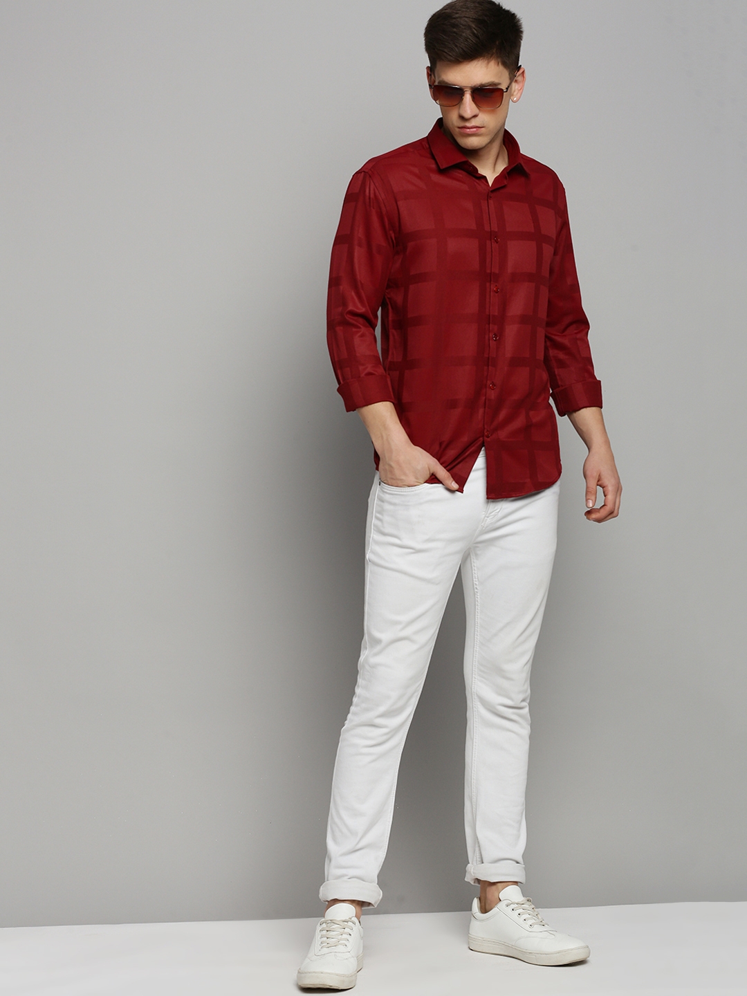 Showoff | SHOWOFF Men's Spread Collar Solid Maroon Classic Shirt 4