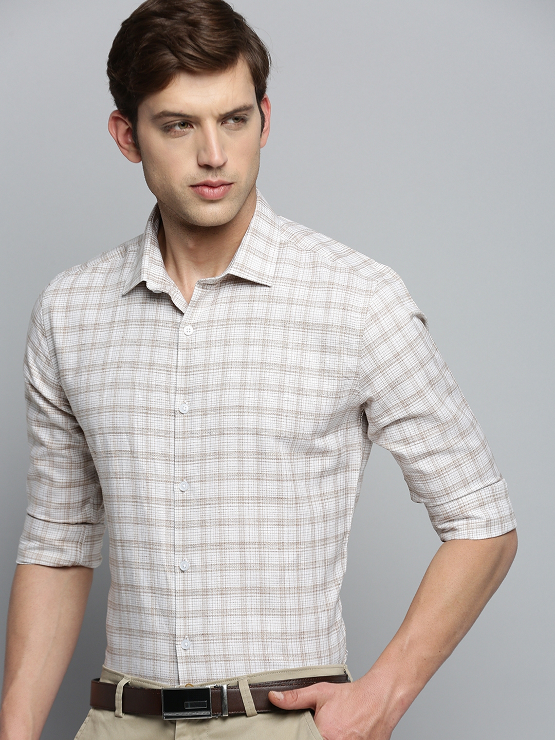 Showoff | SHOWOFF Men's Spread Collar Checked Off White Classic Shirt 0