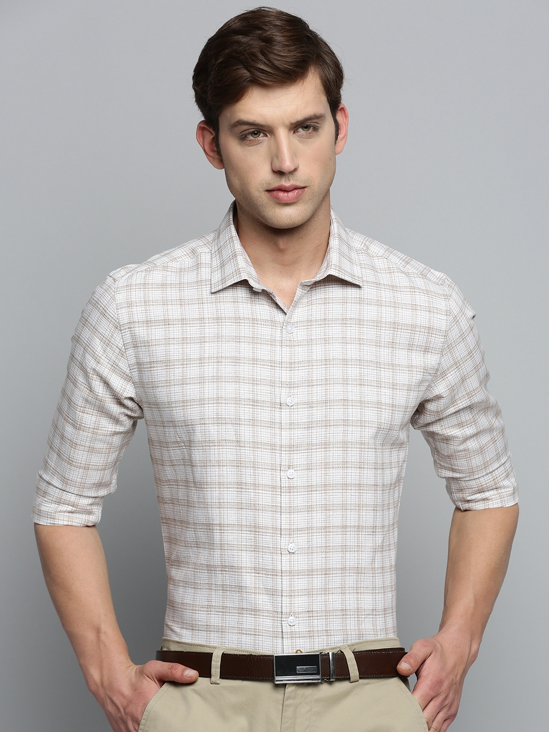 Showoff | SHOWOFF Men's Spread Collar Checked Off White Classic Shirt 1