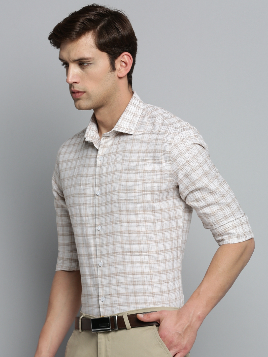 Showoff | SHOWOFF Men's Spread Collar Checked Off White Classic Shirt 2