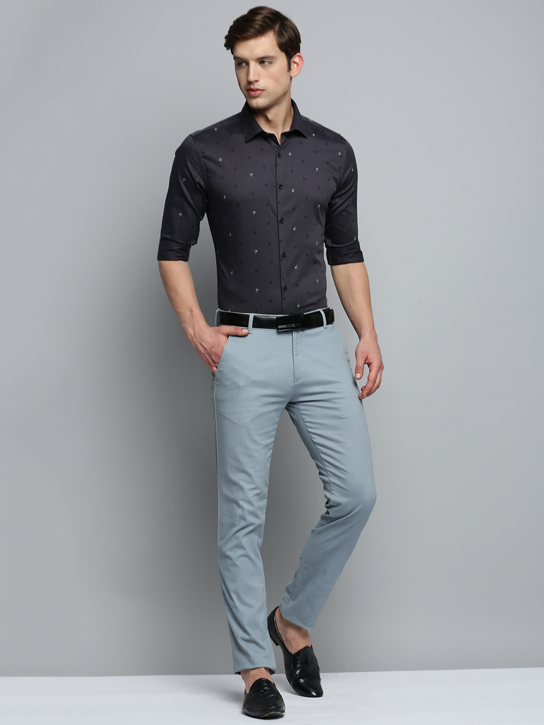 SHOWOFF Men's Spread Collar Printed Grey Classic Shirt