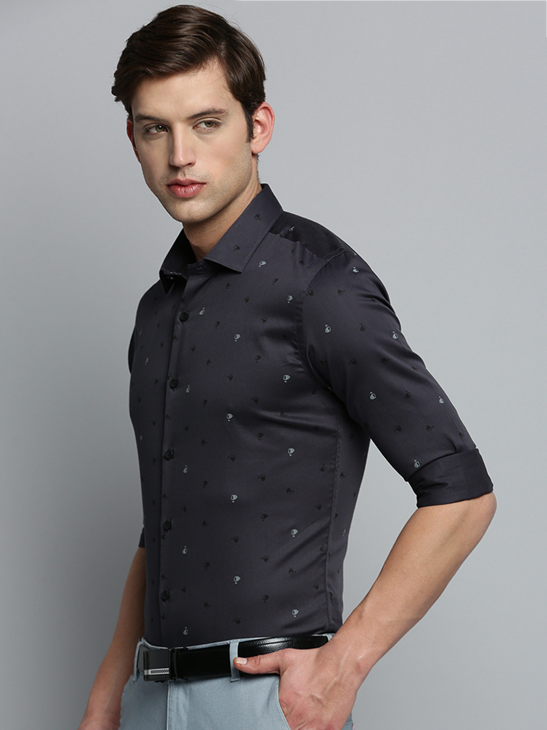 SHOWOFF Men's Spread Collar Printed Grey Classic Shirt