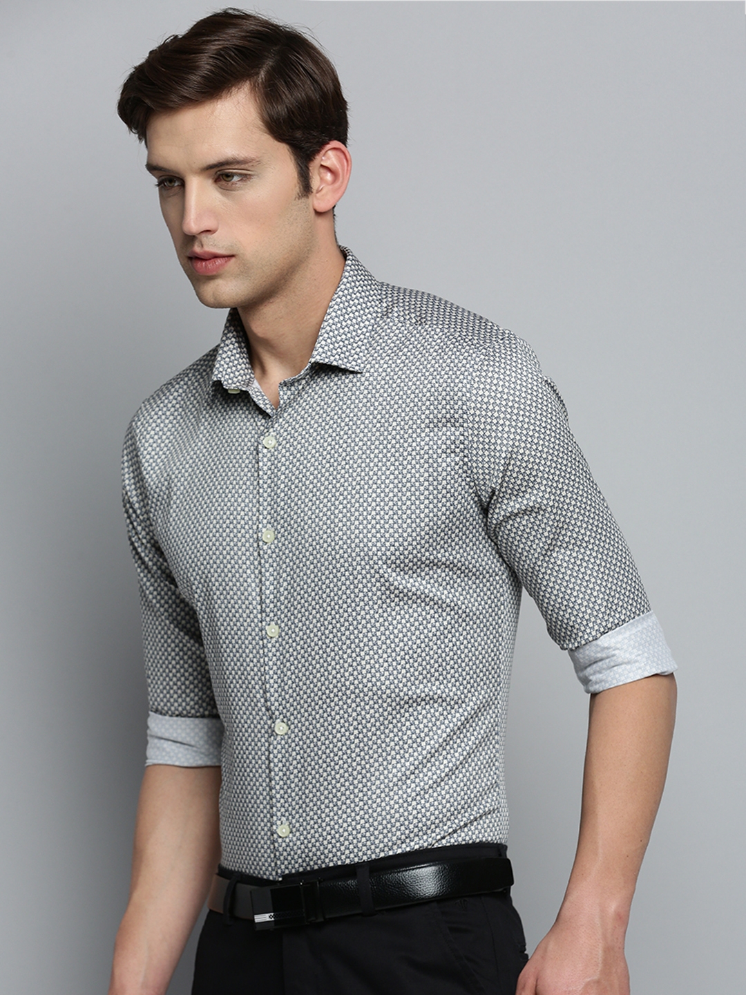 Showoff | SHOWOFF Men's Spread Collar Printed Cream Classic Shirt 2