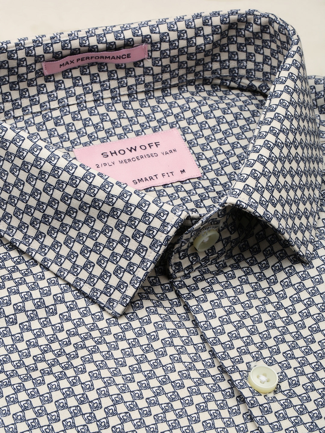 Showoff | SHOWOFF Men's Spread Collar Printed Cream Classic Shirt 5