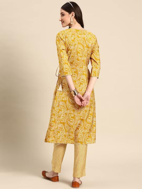 Women Mustard Yellow Ethnic Motifs Printed Angrakha Gotta Patti Kurta with Trousers