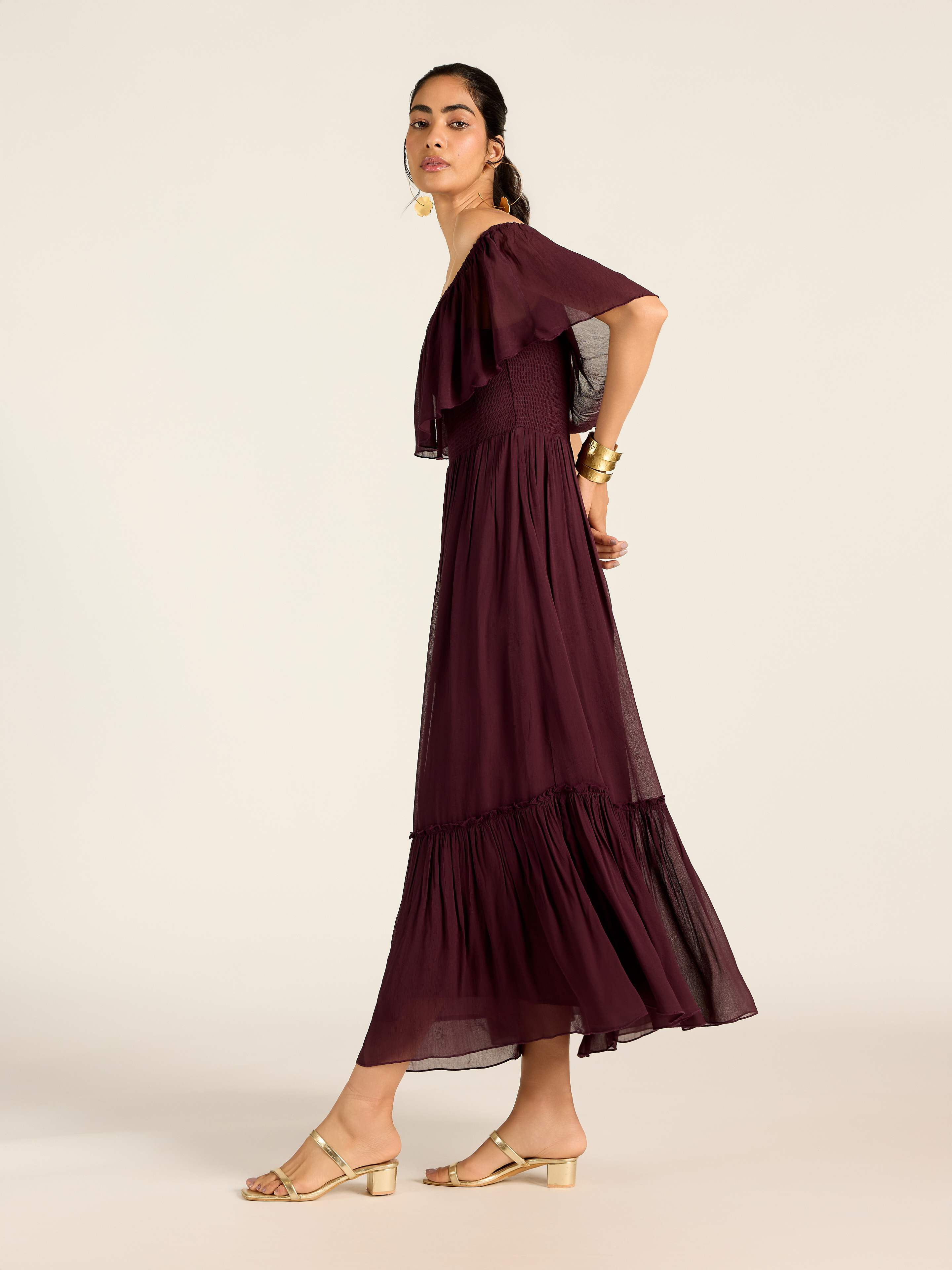 BROWN MARGO OFF-SHOULDER LONG DRESS