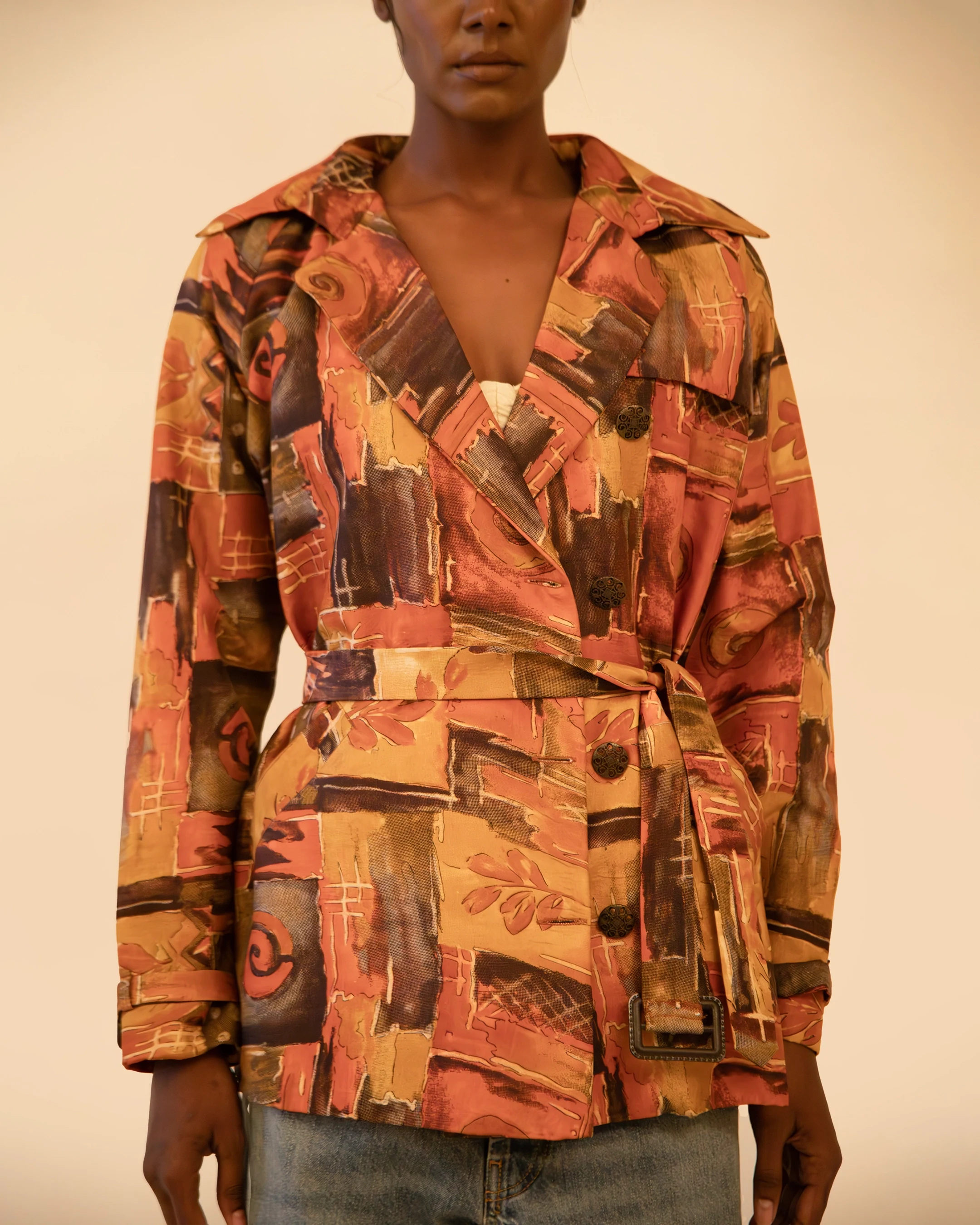 Nira- Cropped Abstract Print Silk Trech Coat