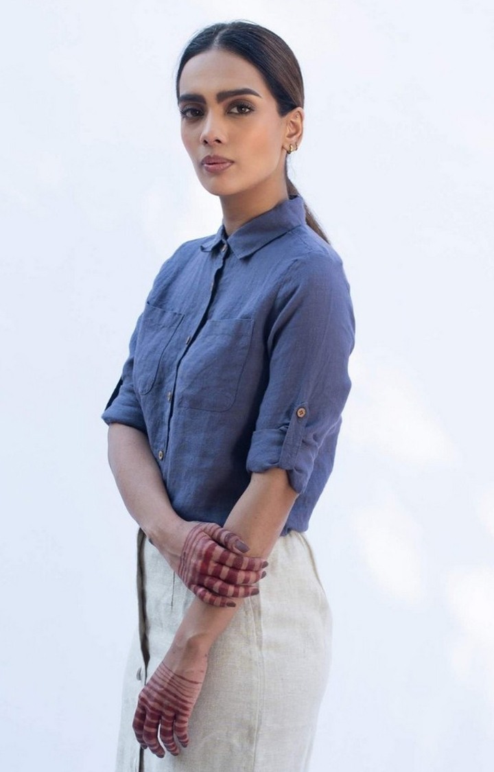 Women's Navy Linen Solid Casual Shirt