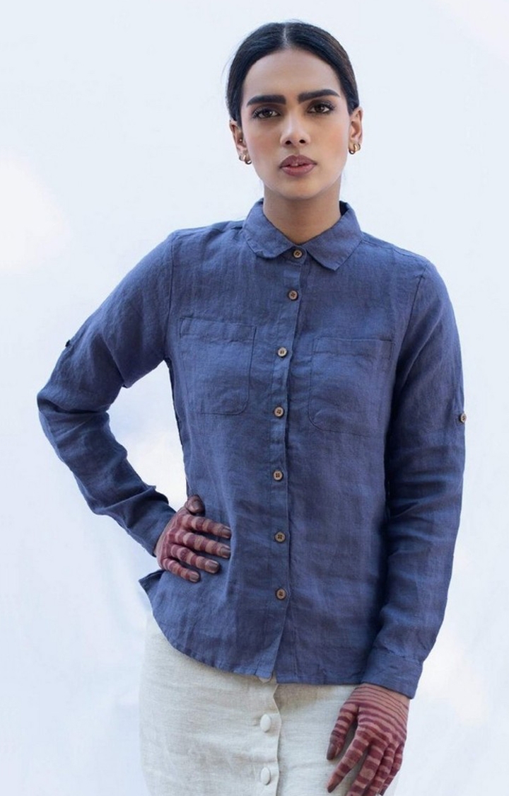 Women's Navy Linen Solid Casual Shirt