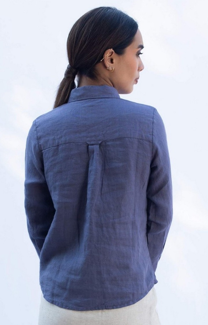 Women's Navy Linen Solid Casual Shirt