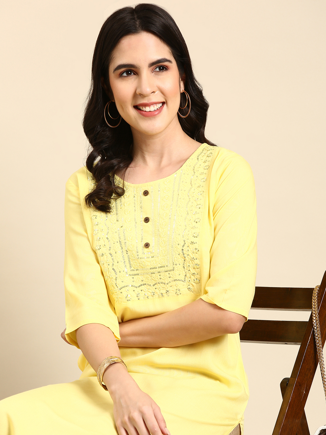 SHOWOFF Women's Mid Length Embellished Straight Yellow Kurta