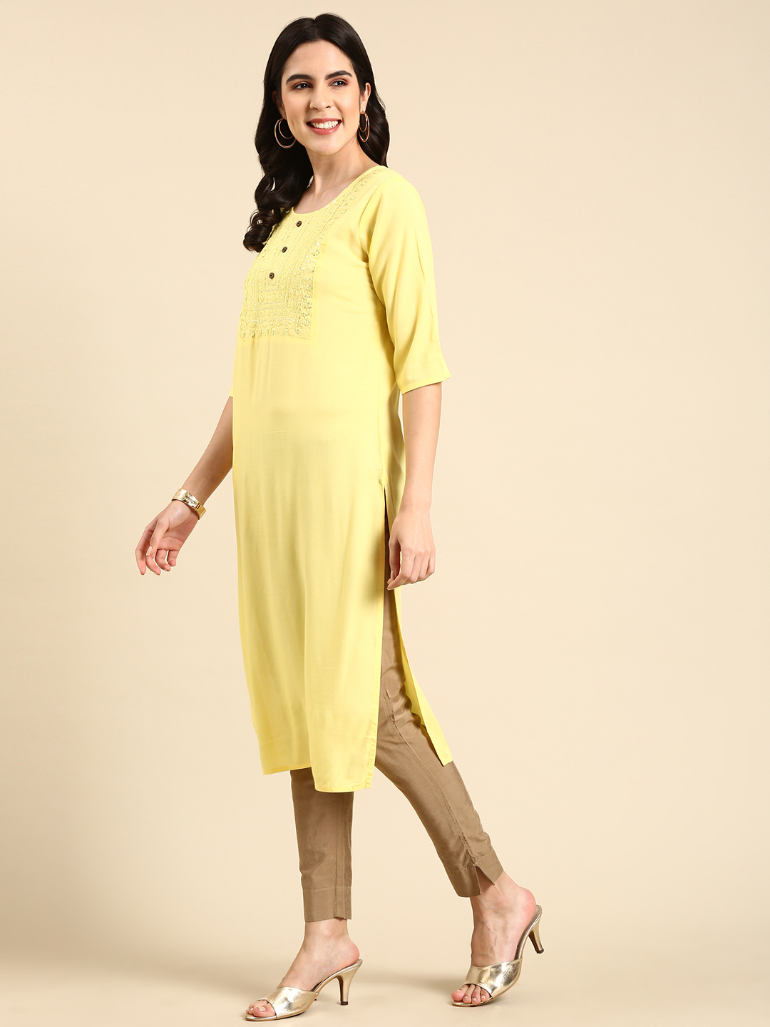 SHOWOFF Women's Mid Length Embellished Straight Yellow Kurta