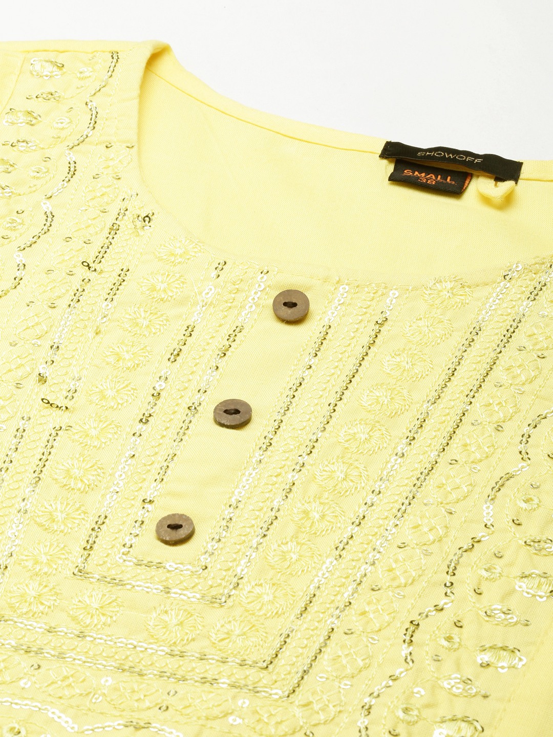 SHOWOFF Women's Mid Length Embellished Straight Yellow Kurta