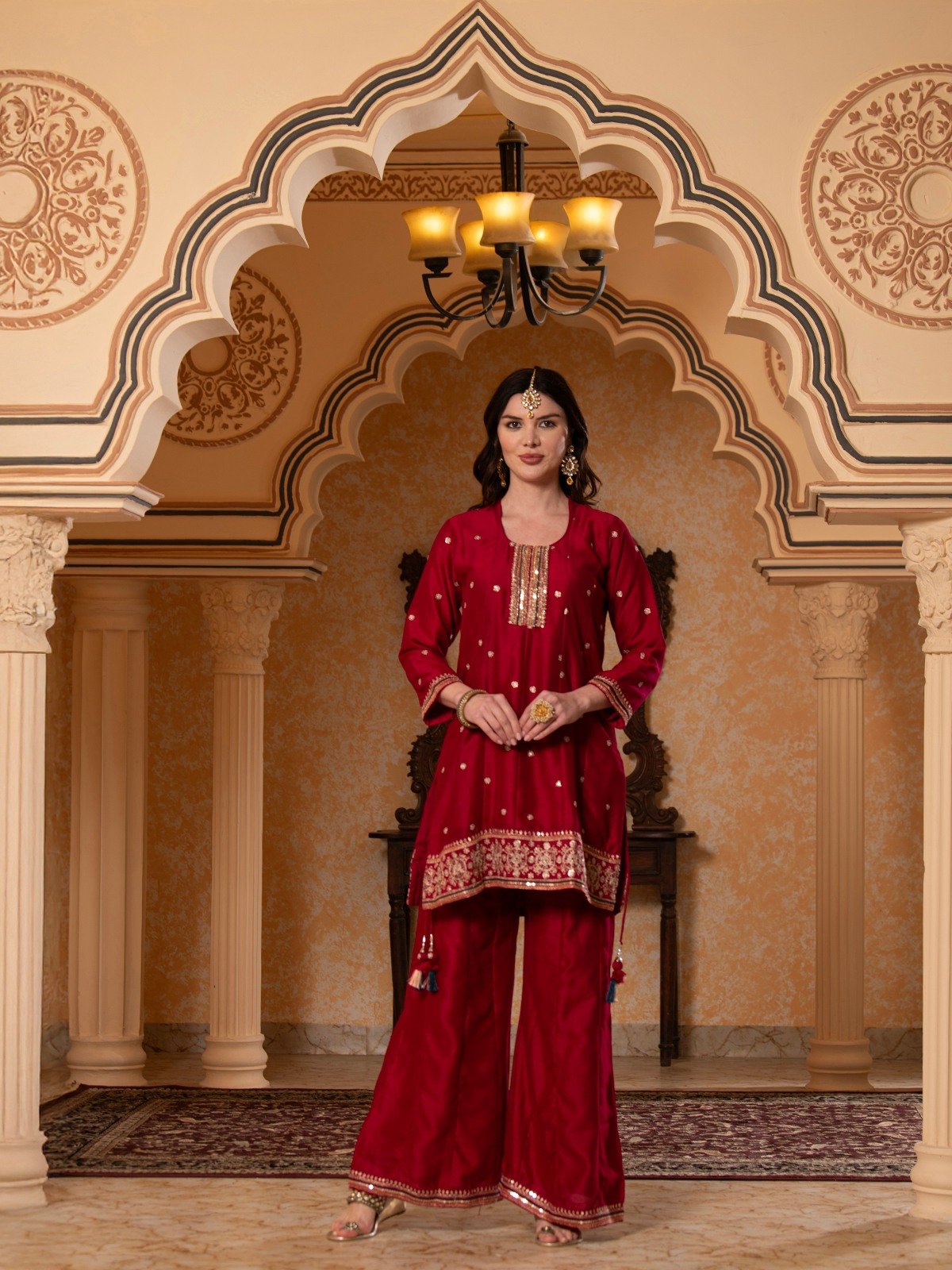 ALBION FANCY LADIES ETHNIC RED KURTI SET