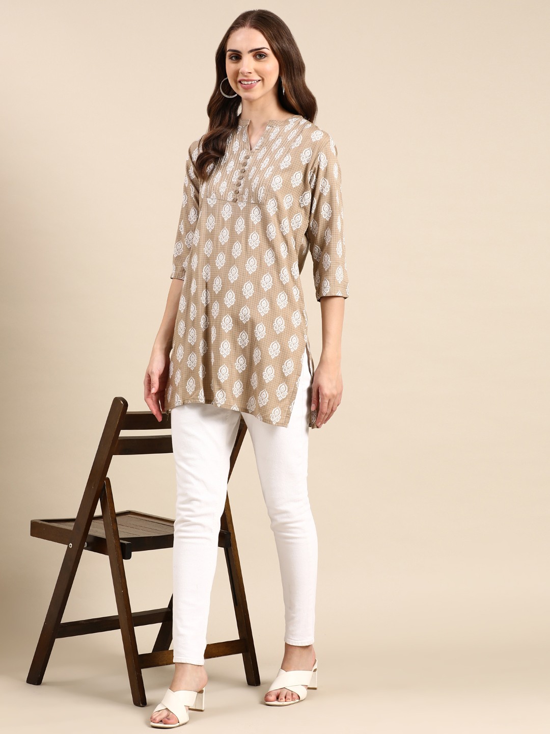 Showoff | SHOWOFF Women's Mandarin Collar Ethnic Motifs Straight Taupe Kurti 5