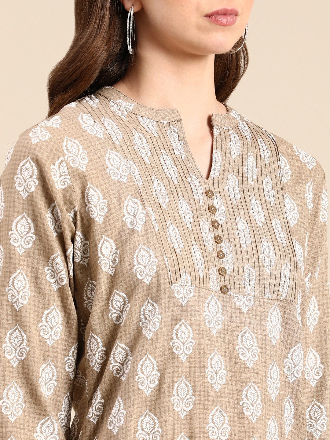 Showoff | SHOWOFF Women's Mandarin Collar Ethnic Motifs Straight Taupe Kurti 6