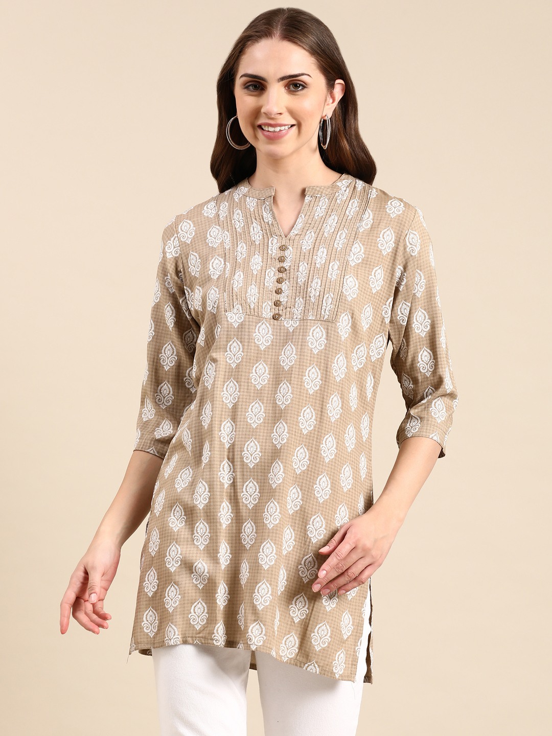 Showoff | SHOWOFF Women's Mandarin Collar Ethnic Motifs Straight Taupe Kurti 0