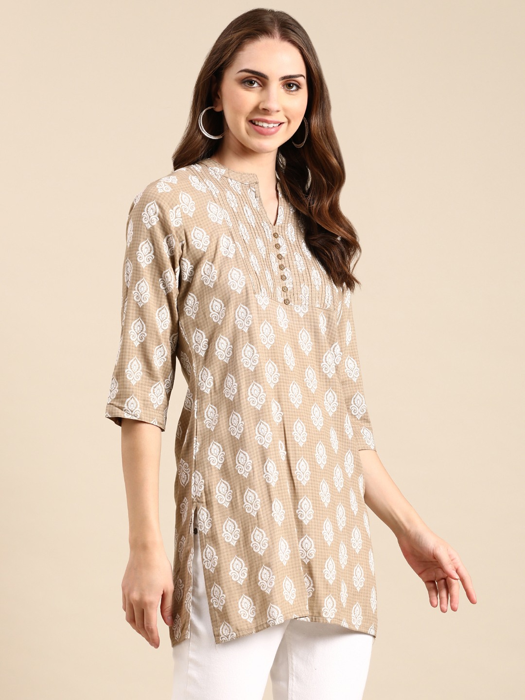 Showoff | SHOWOFF Women's Mandarin Collar Ethnic Motifs Straight Taupe Kurti 3