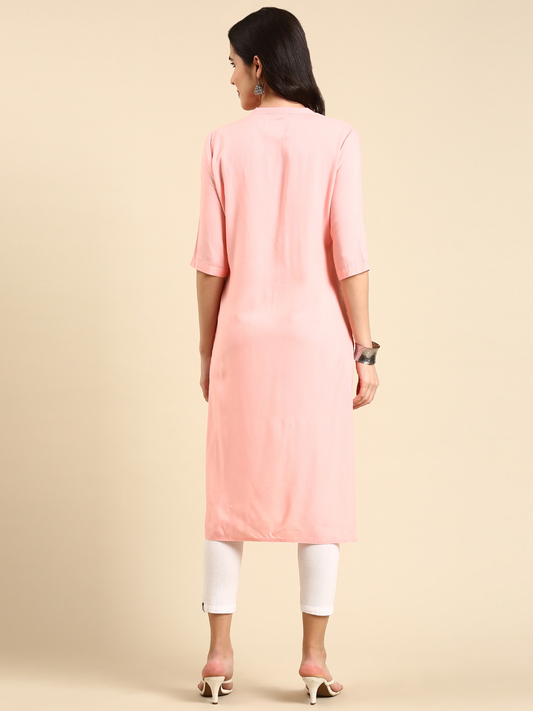 Showoff | SHOWOFF Women's Mid Length Solid Straight Pink Kurta 4