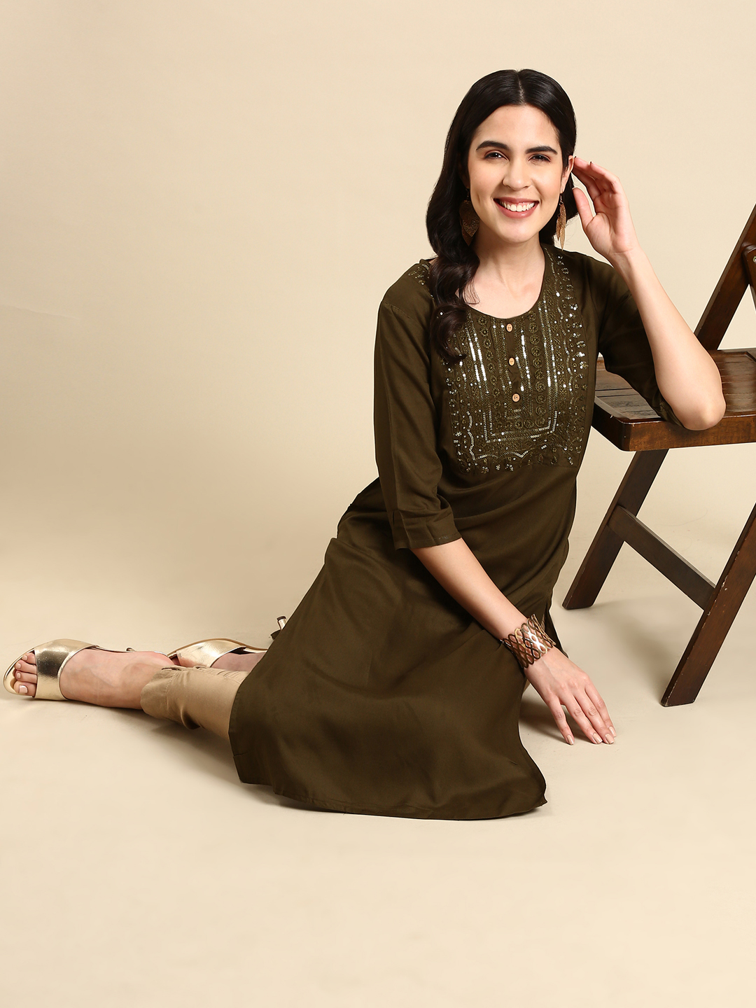 SHOWOFF Women's Mid Length Embellished Straight Olive Kurta