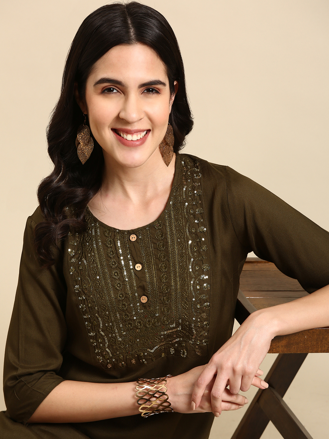 SHOWOFF Women's Mid Length Embellished Straight Olive Kurta