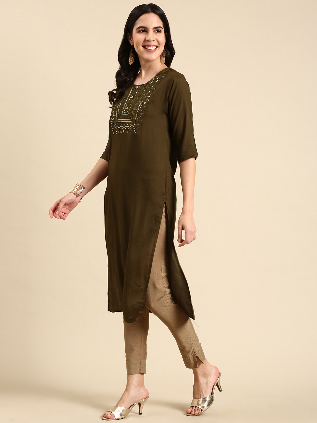 SHOWOFF Women's Mid Length Embellished Straight Olive Kurta