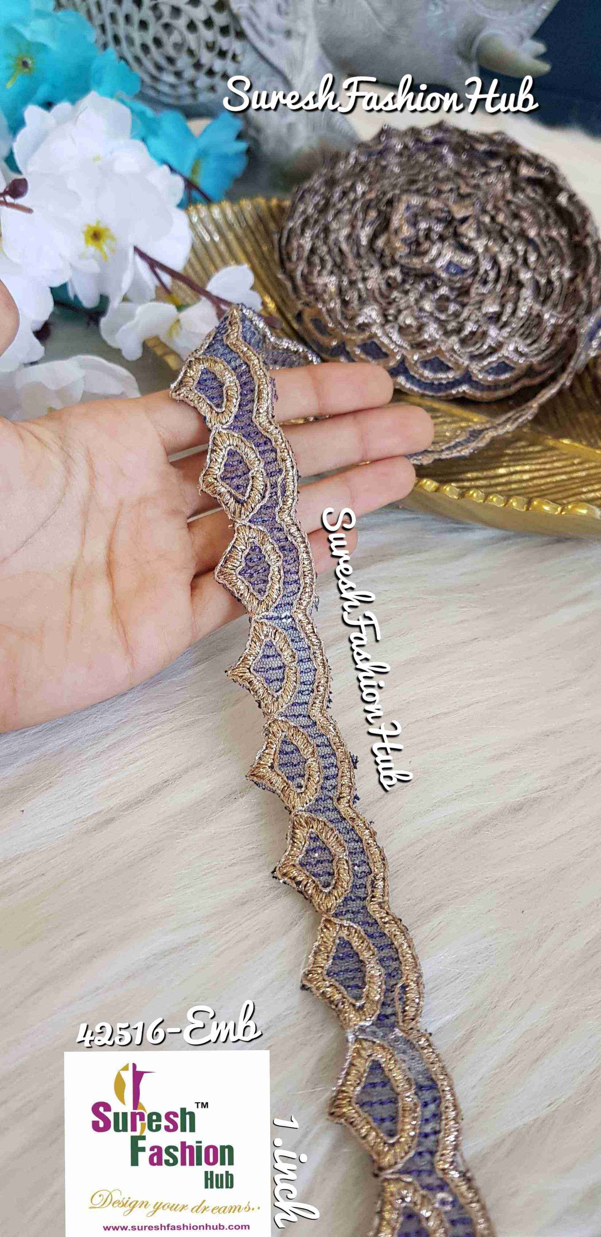 Glittering Royal Blue Waves Embroidered Trim