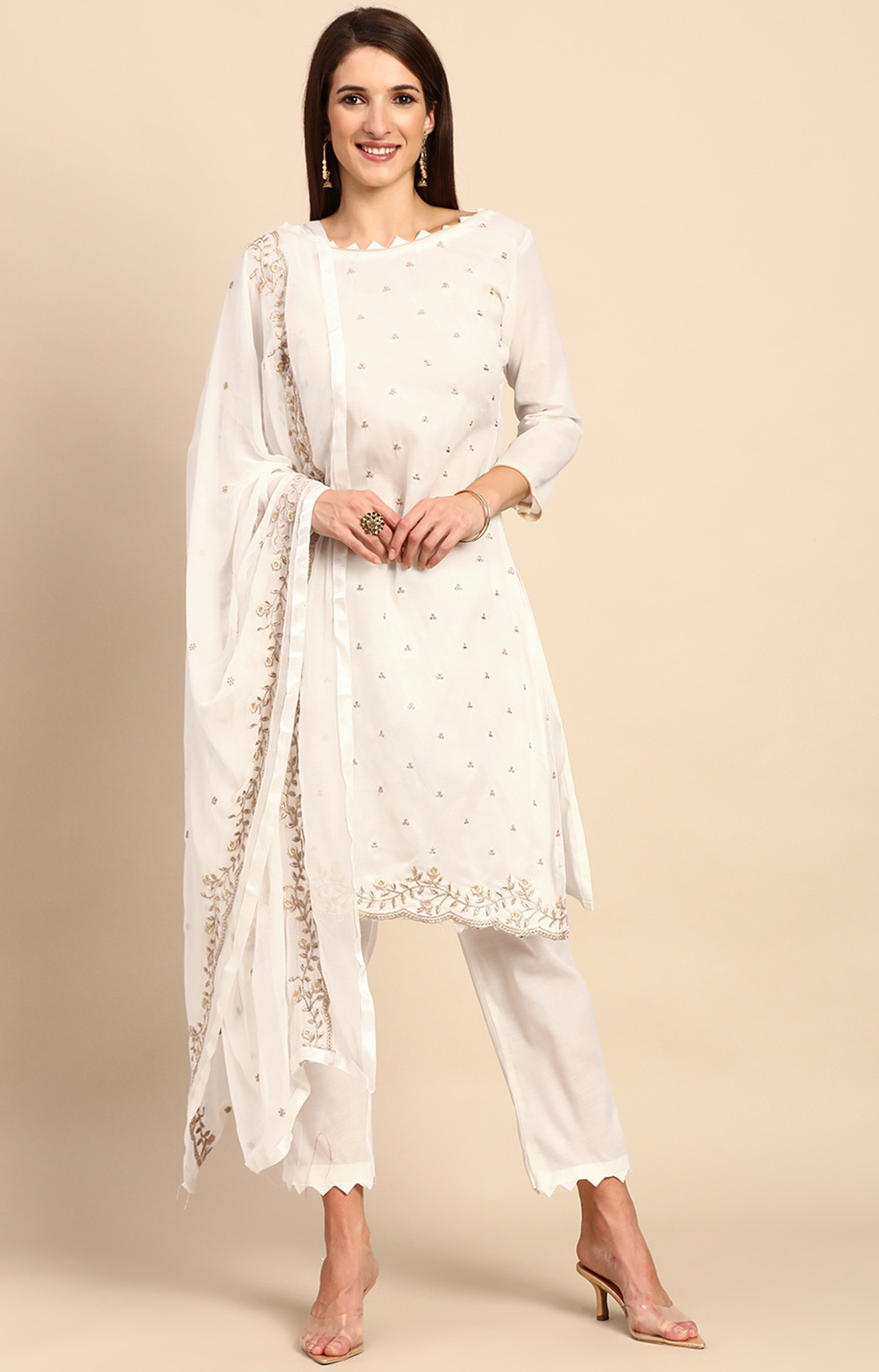 Shaily Women White Color Cotton Embroidered Unstitched Dress Material-VF_MIRZA_WHTE_DM