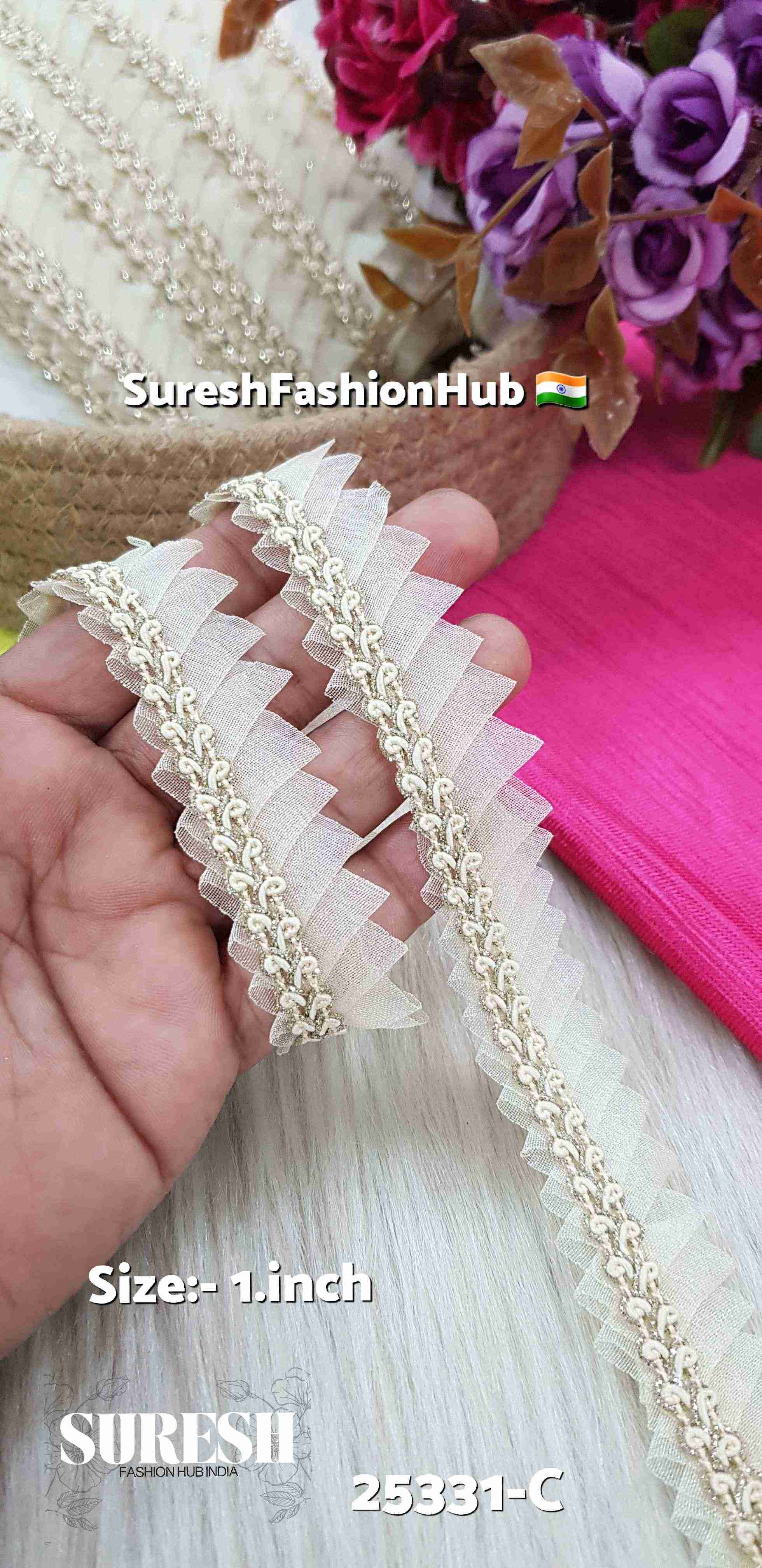 One Side Scallop Organza Jhalar Cream Lace | 25331-C