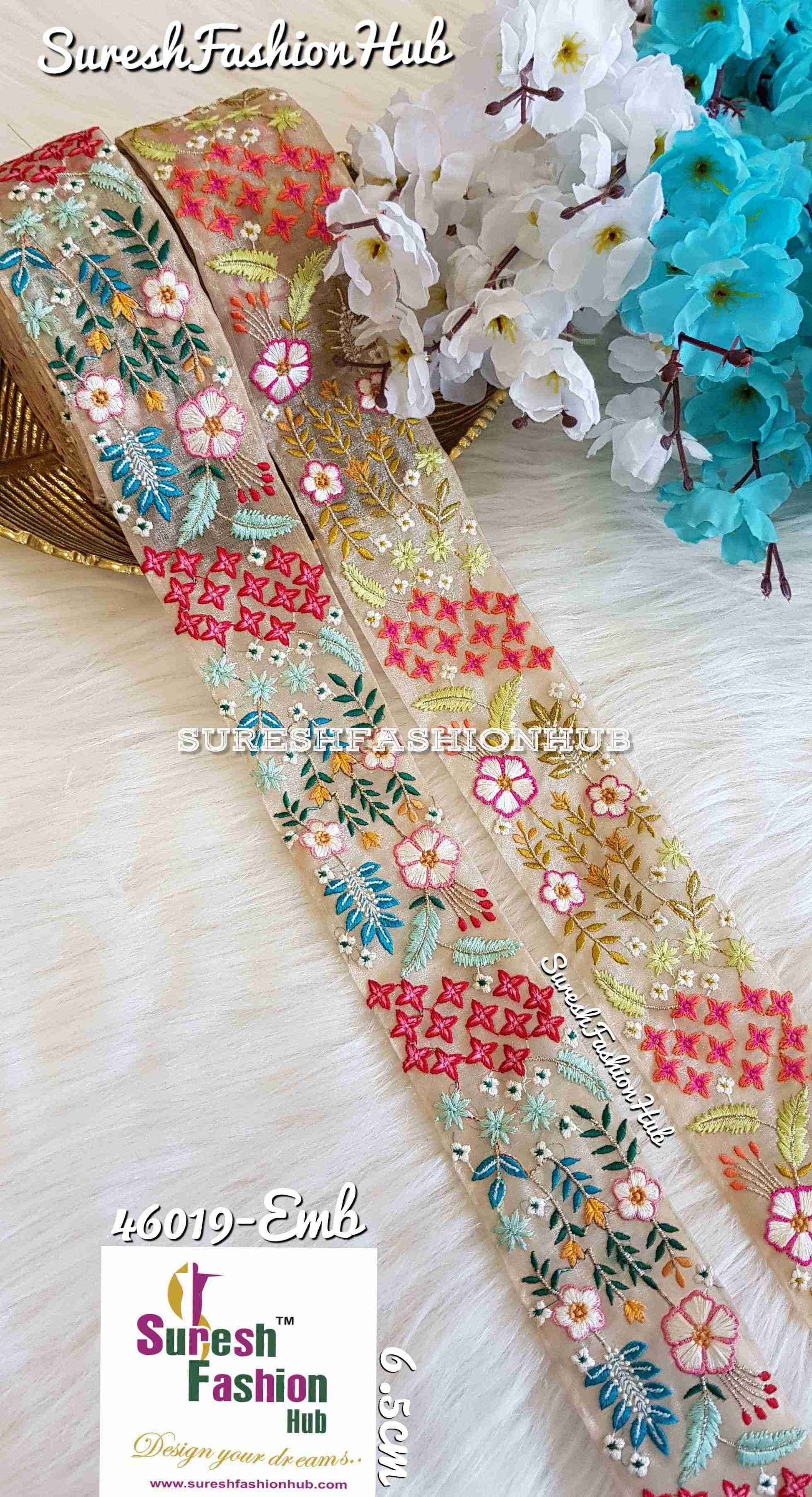 Threaded Floral Whisper Mix Of Blue & Red Colors Designer Trim