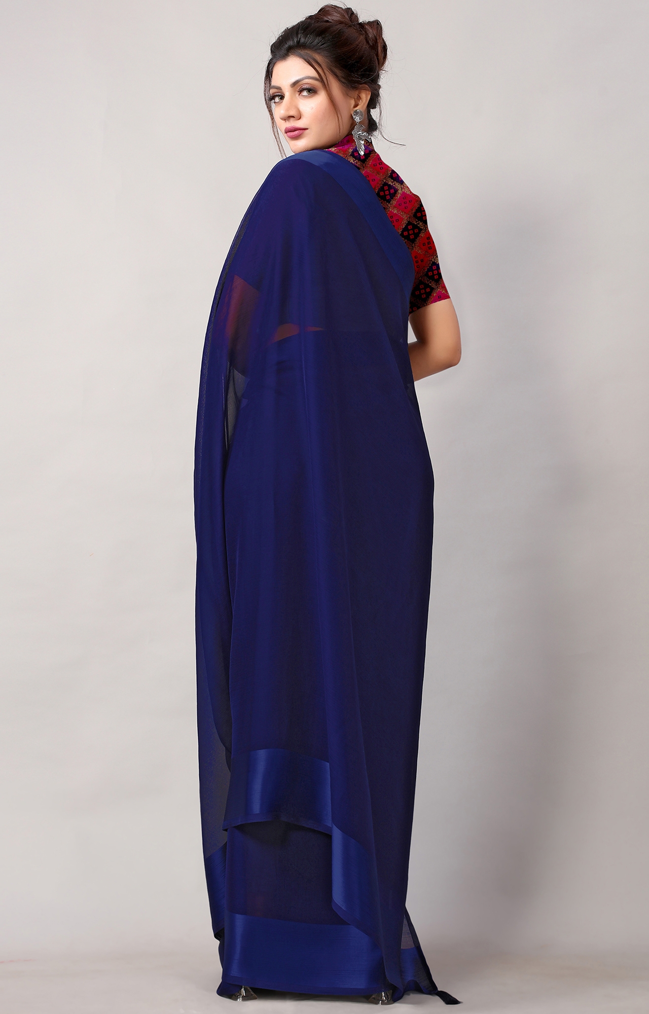 SHAILY RETAILS | Women Dark Blue Chiffon Party Wear Solid Saree-HACFNSTNBDR1079BLUE 3