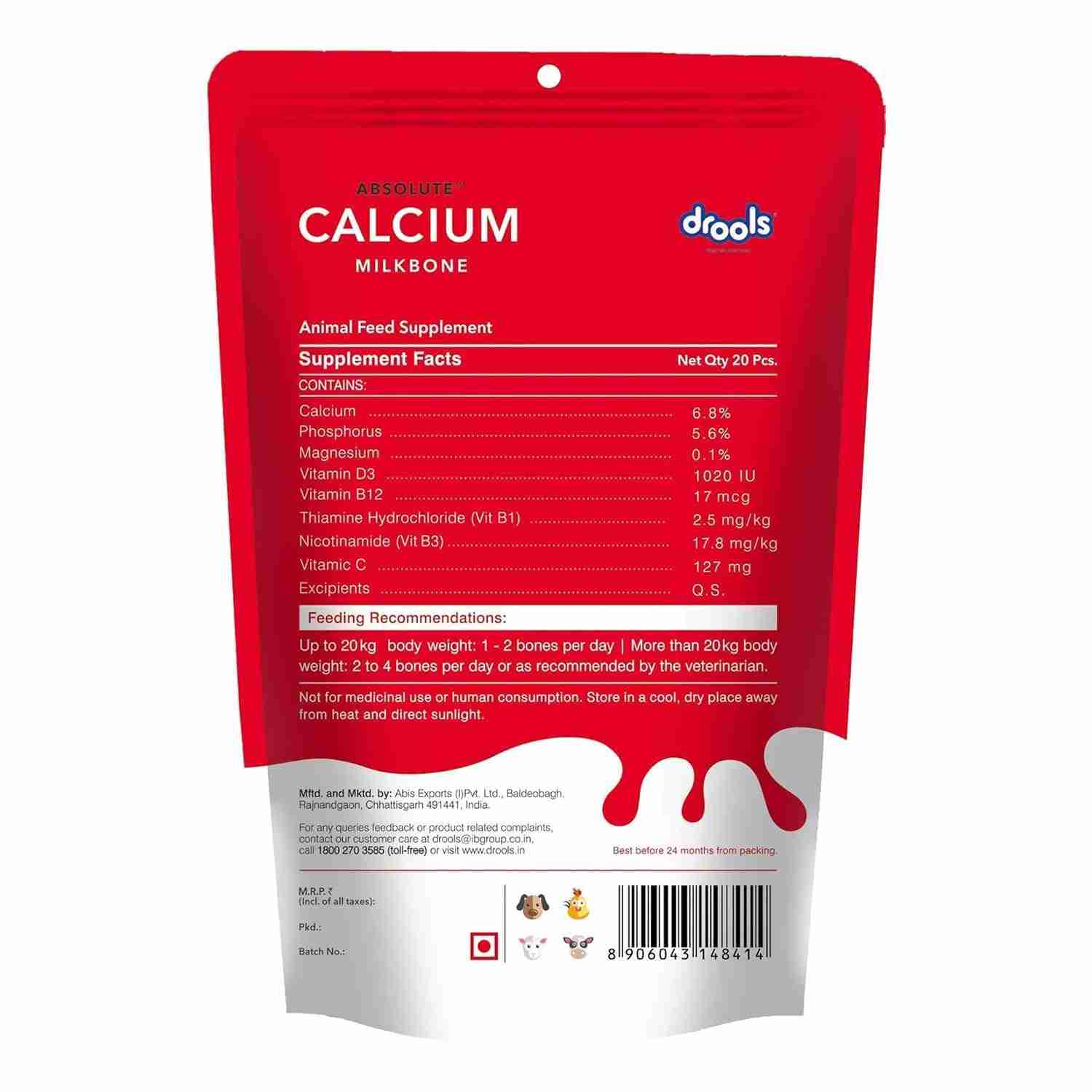 Drools Absolute Calcium Milk Bone Pouch for Puppies & Adult Dogs, 190g