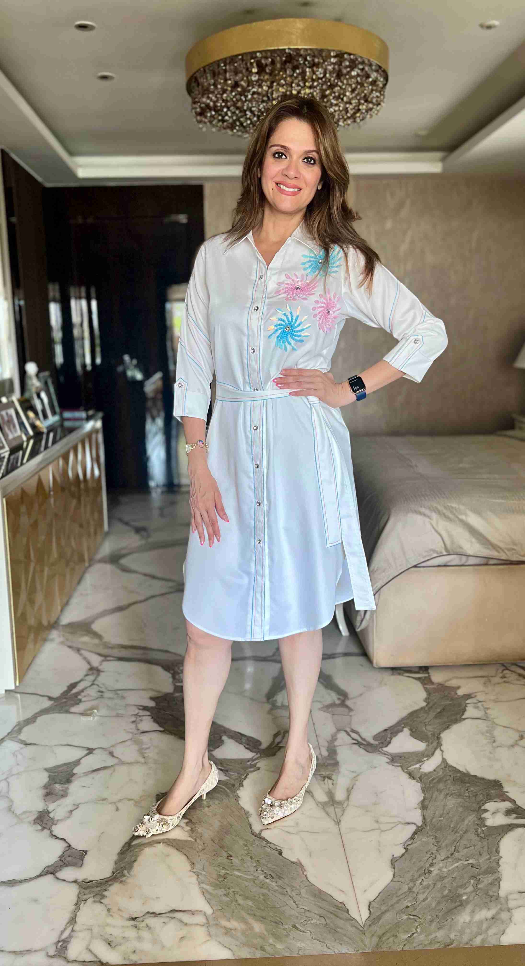 White embroidered anchor shirt dress