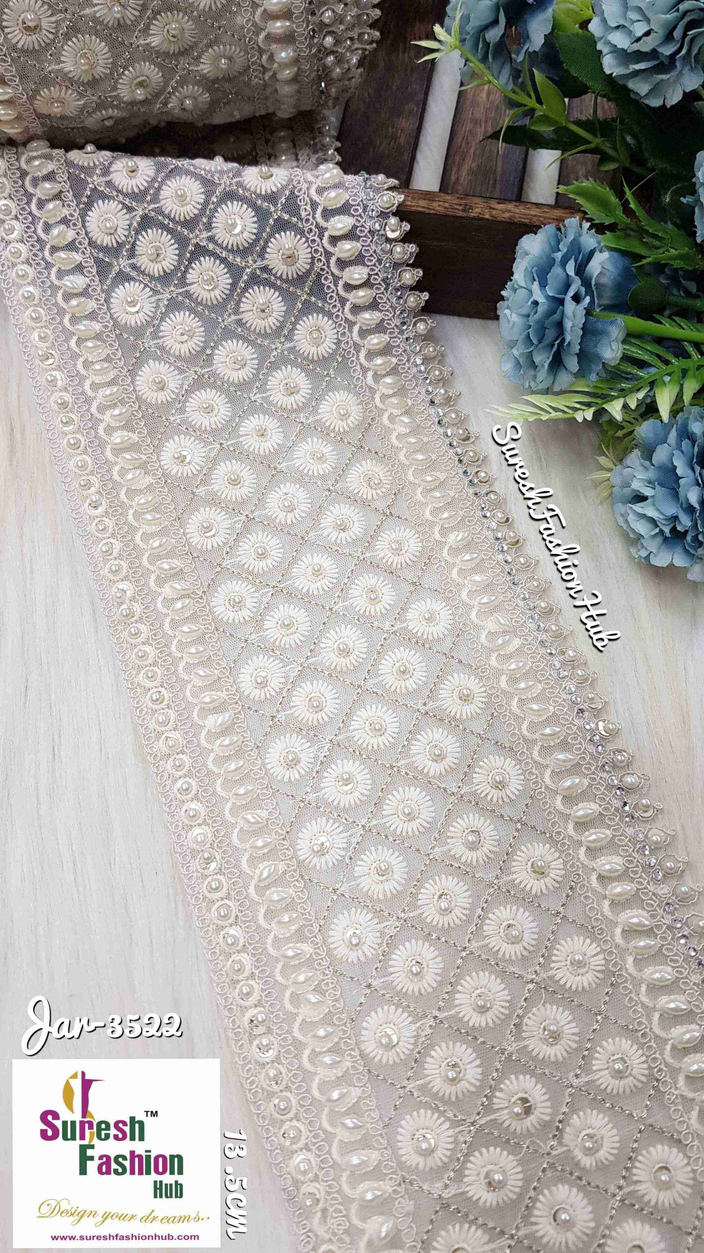  Pearl and Crystal Embellished Lace Fabric