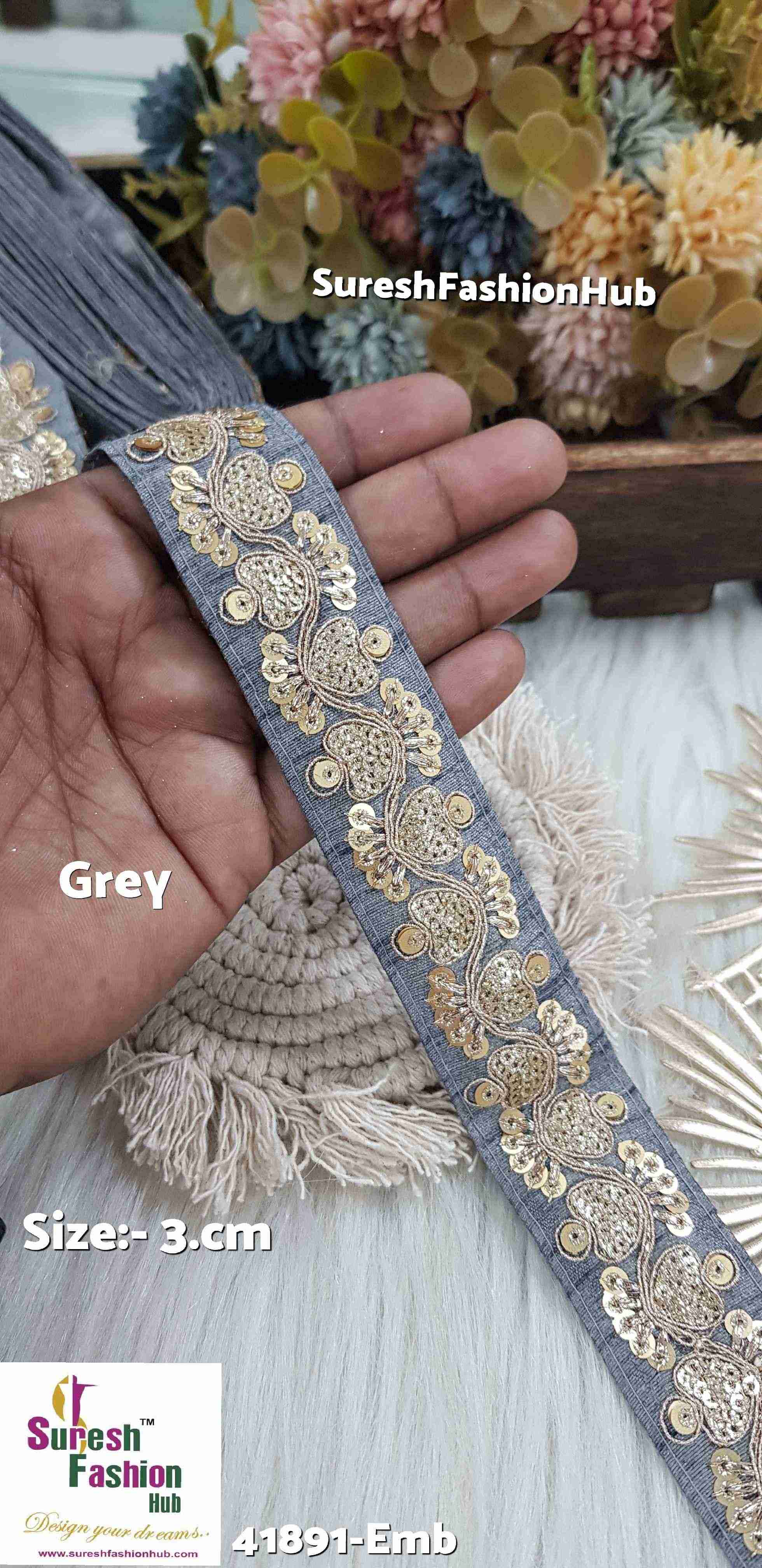 Grey Colour Luxe Zari Embroidered Lace Roll