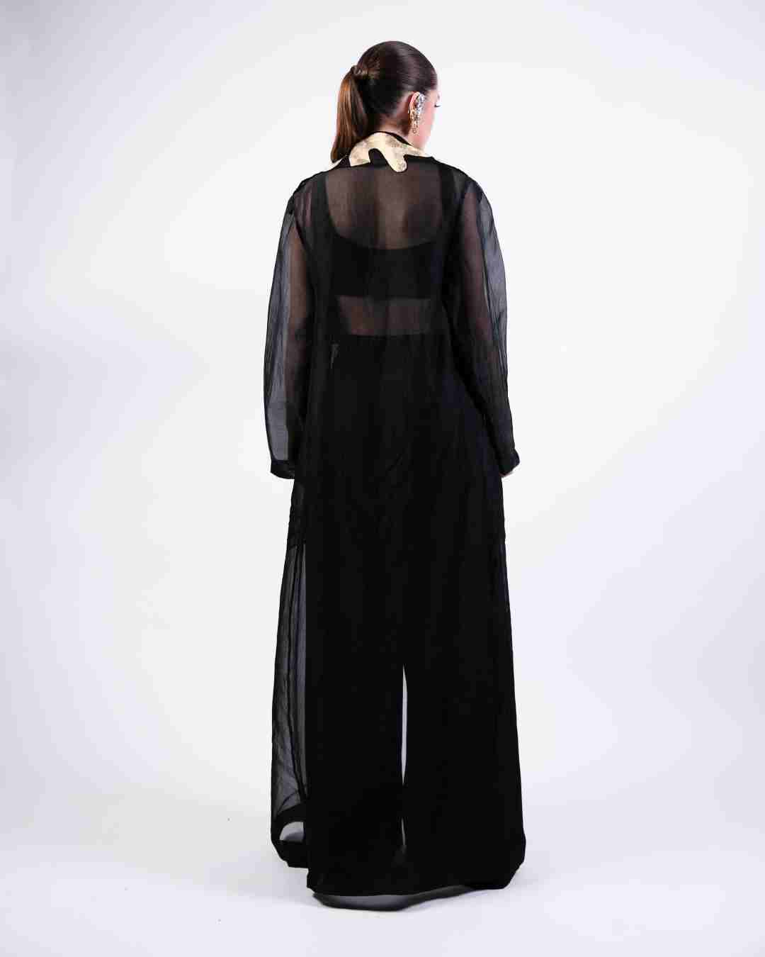 AKOK Black Silk Crop top with trouser and Long Coat Co-ords