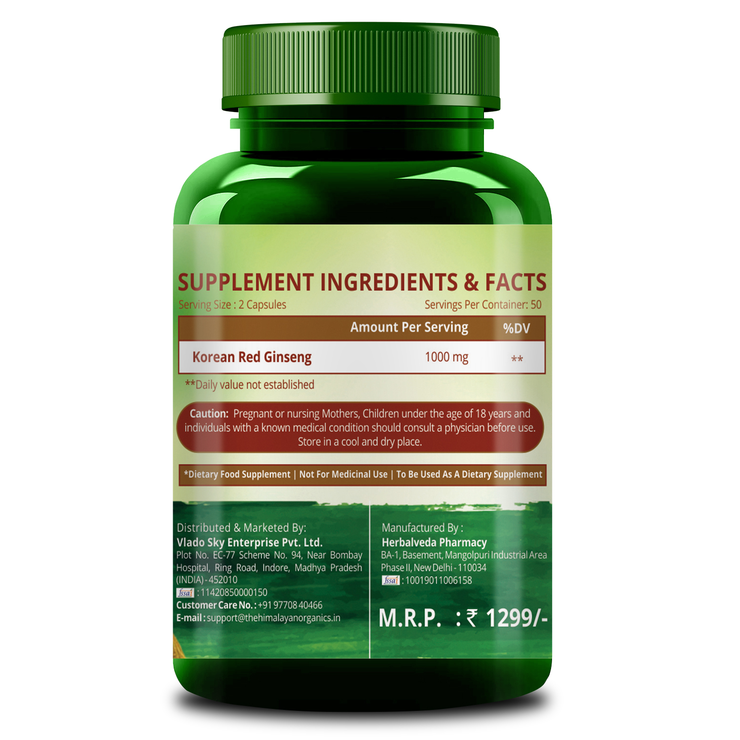 Himalayan Organics Korean Red Ginseng 1000mg/Serve 100 Veg Capsules