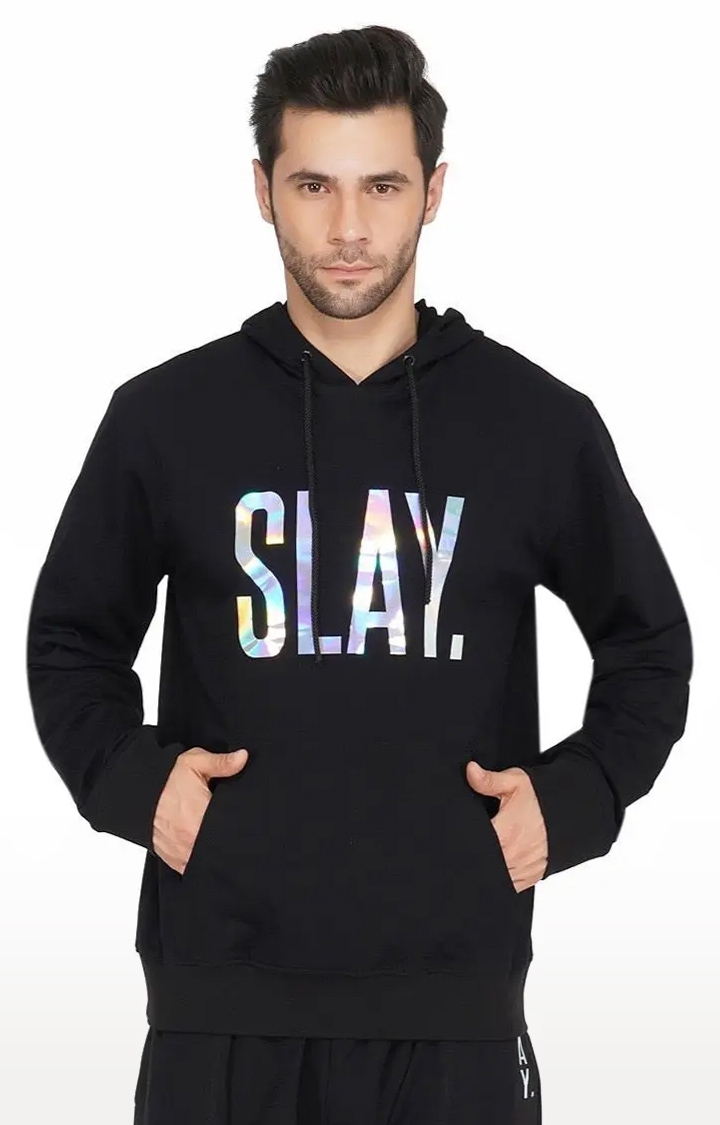 SLAY | Men's Black Typographic Cotton Hoodies