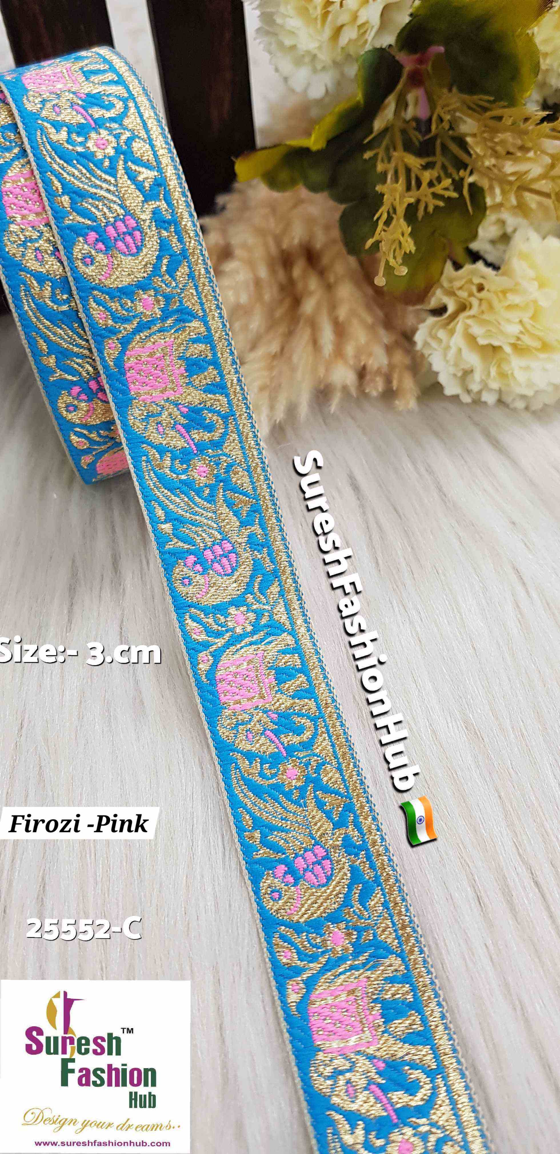 Firozi & Pink Color Elephant Parrot Banarasi Lace