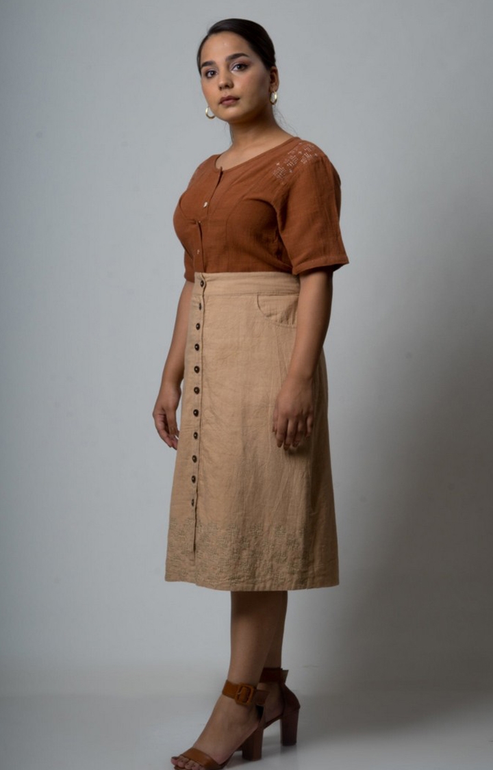 Women's Beige Cotton Striped Skirt