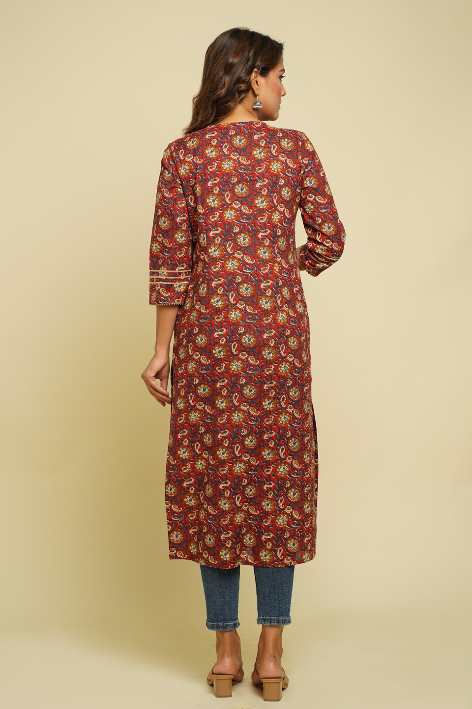 Women Red & Mustard Yellow Floral Printed Pure Cotton Kurta