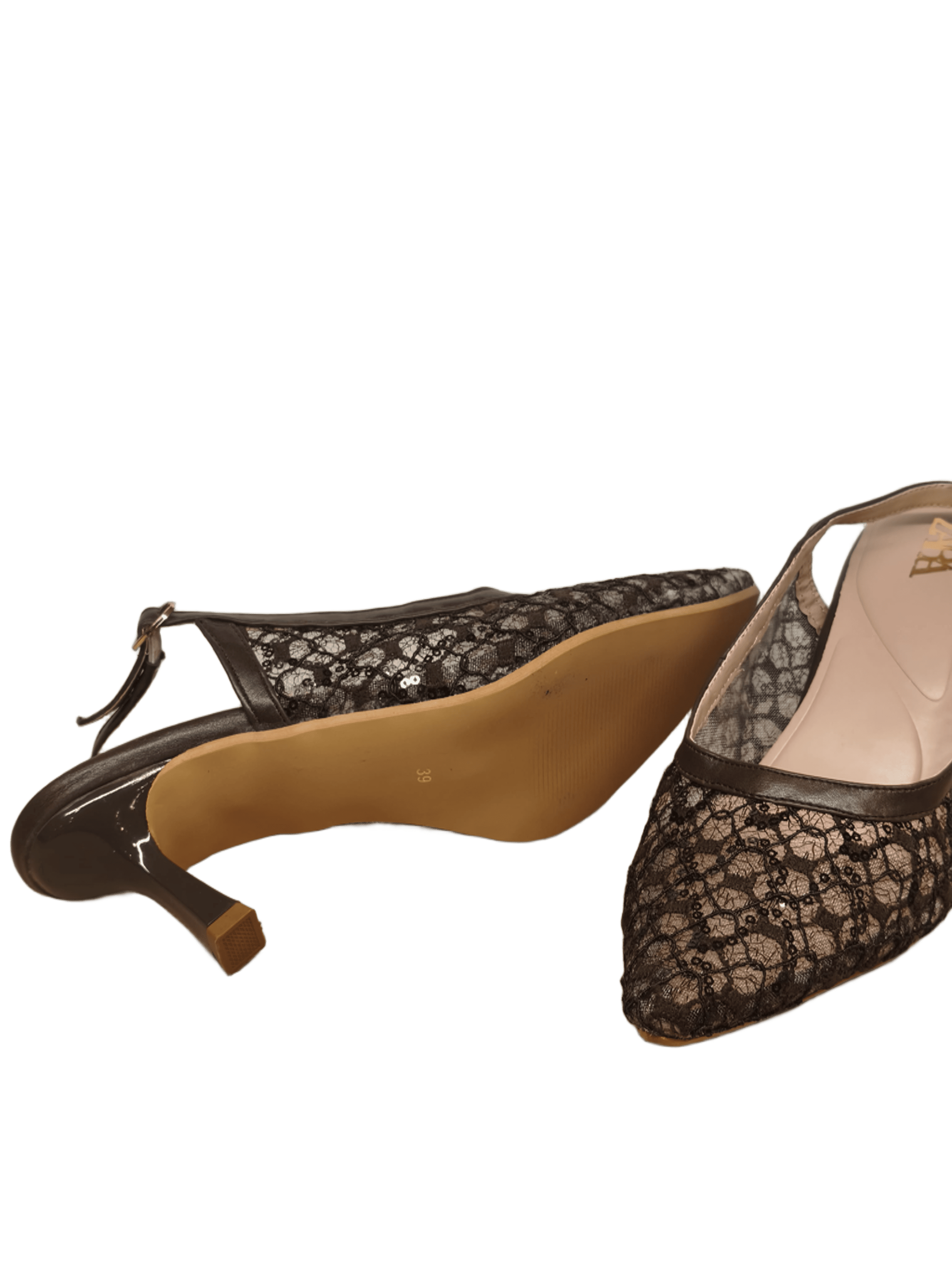 Hello Shoes Women's Brown Mesh Lace Slingback Kitten Heels