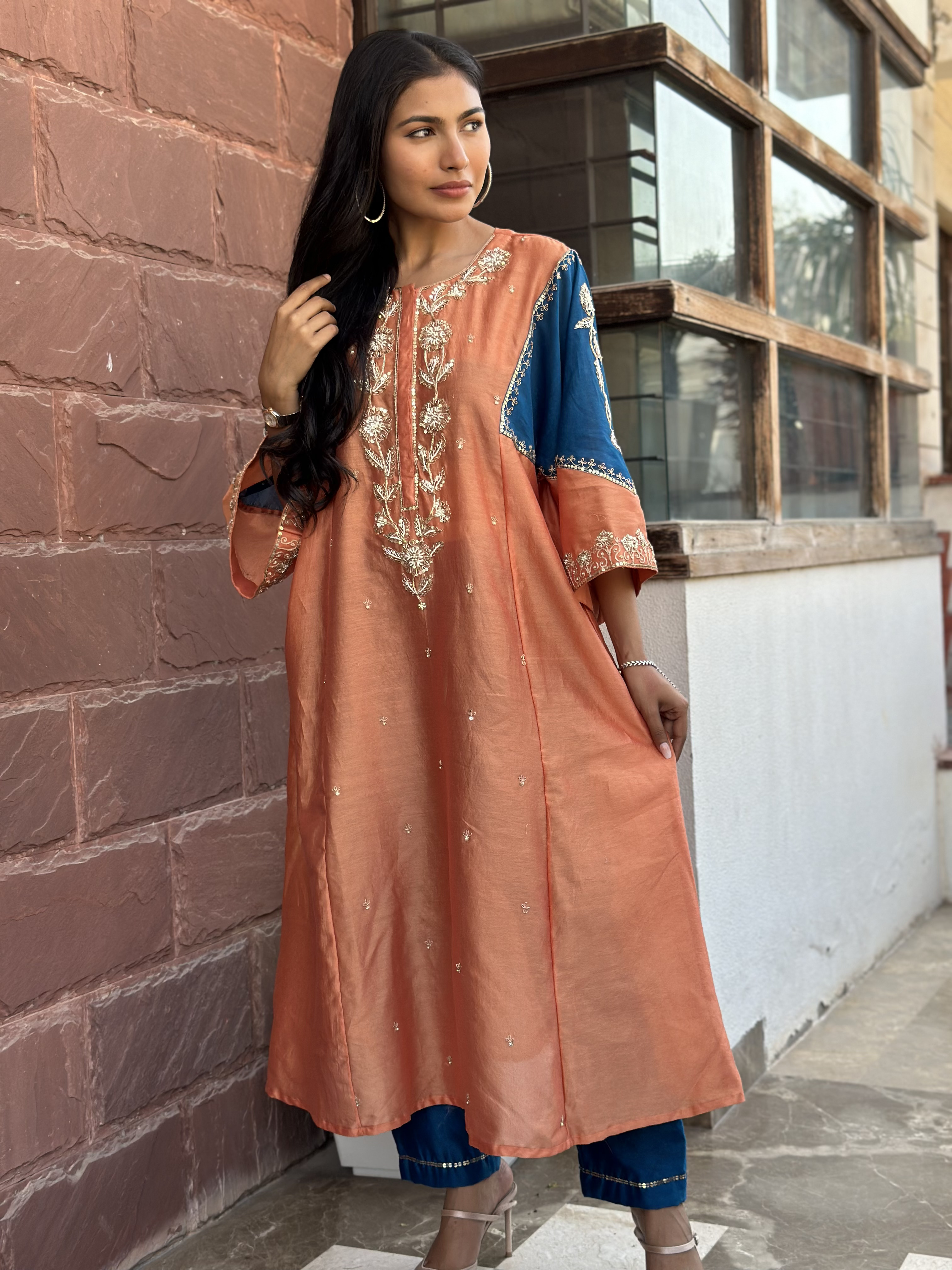 ORANGE-BLUE HANDWORK KURTA SET