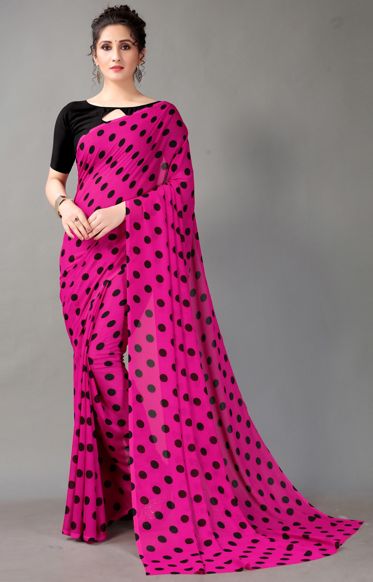 Women's Pink Poly Georgette Polka Dot/Geometric Print Saree-HAL23RYN00043PNK