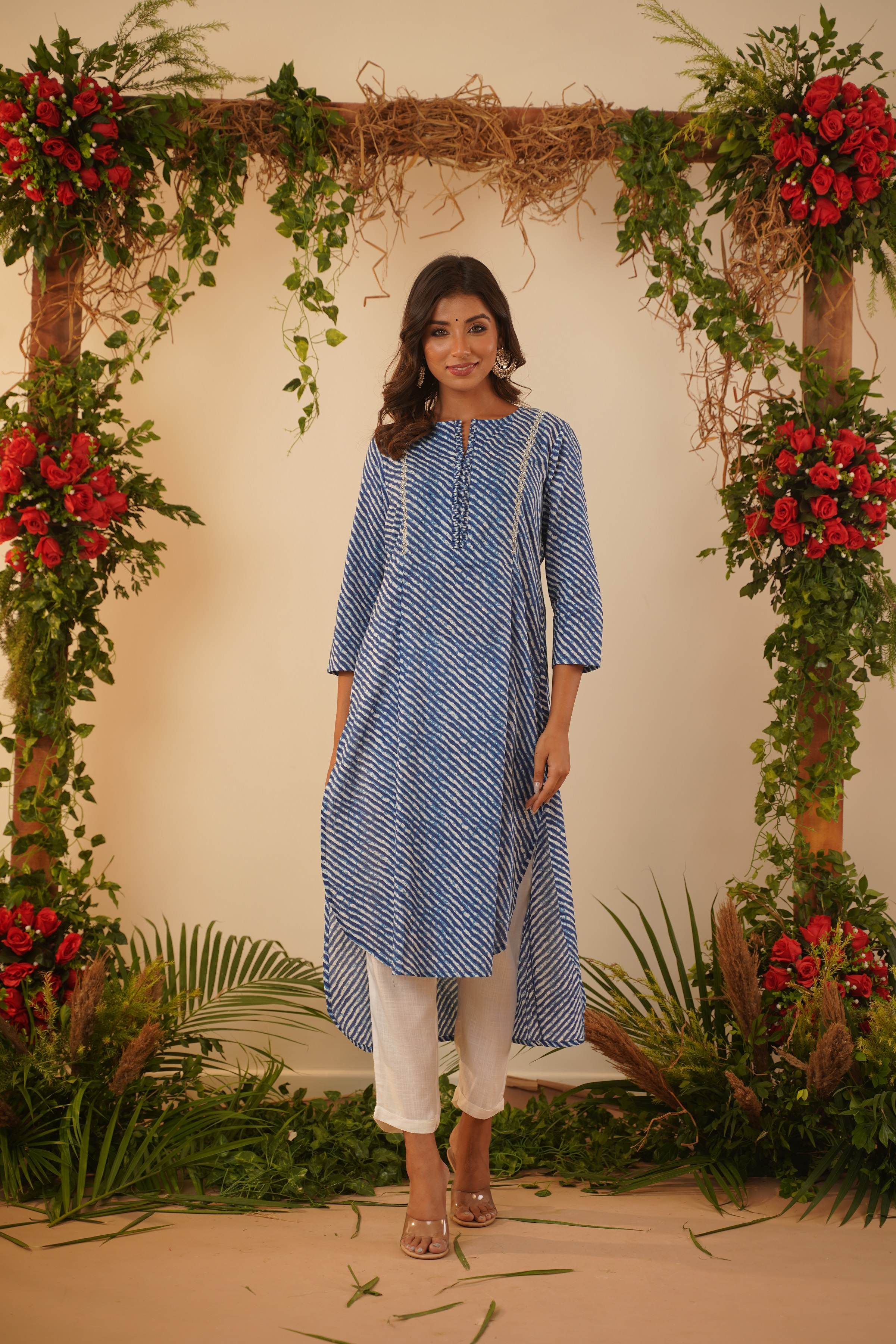Blue Leheriya High-Low Kurta Set