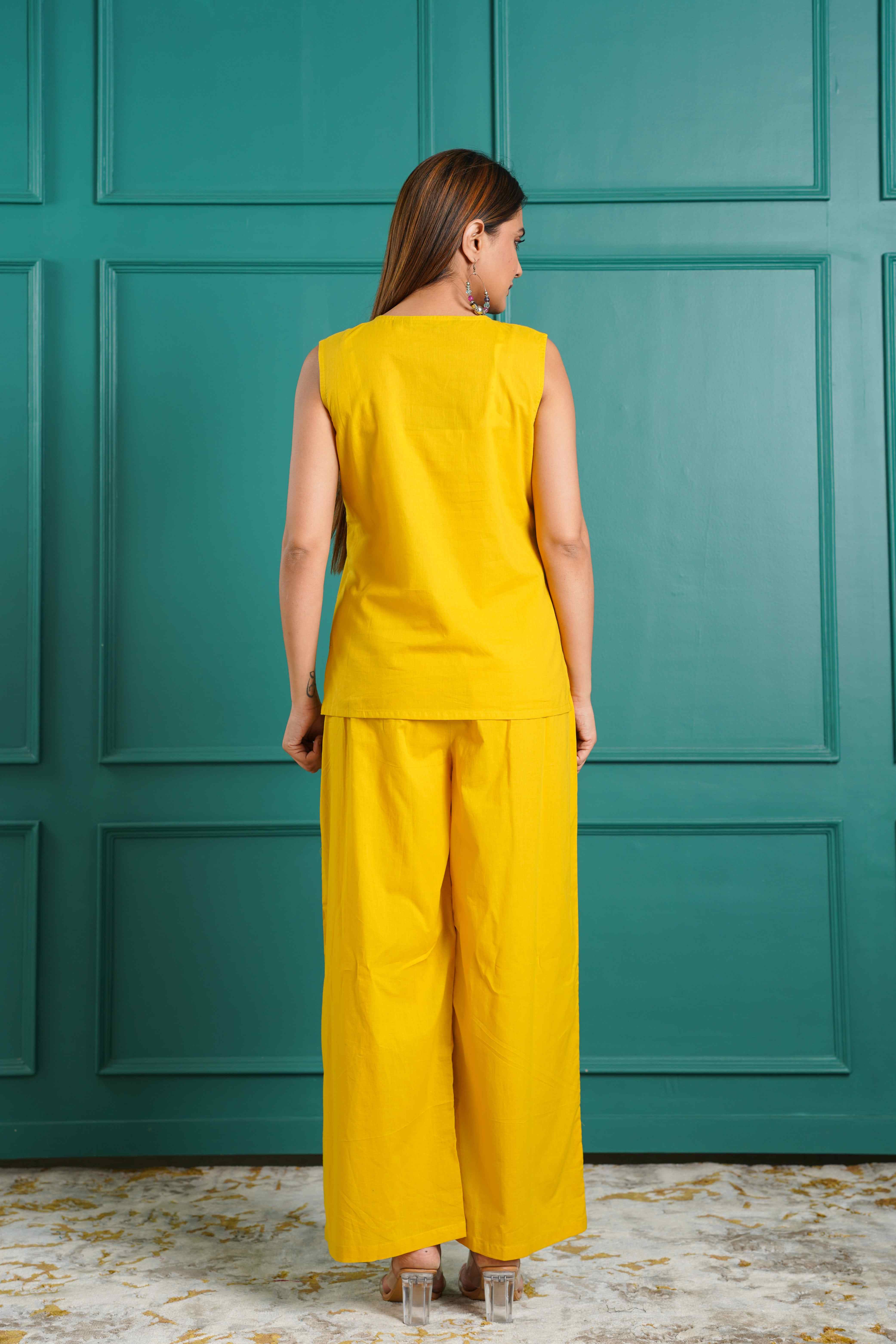 MUSTARD FLORAL EMBROIDERED COTTON CO-ORD SET