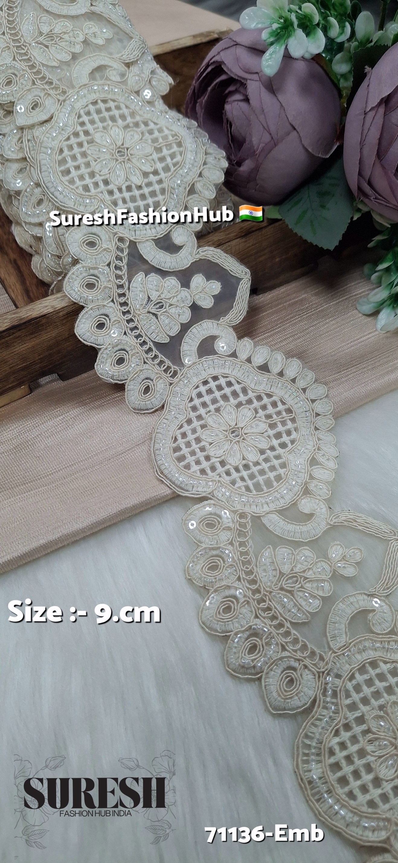 Ivory Luxe Bloom Cutwork Lace with Beads – Off-White | 71136-Emb