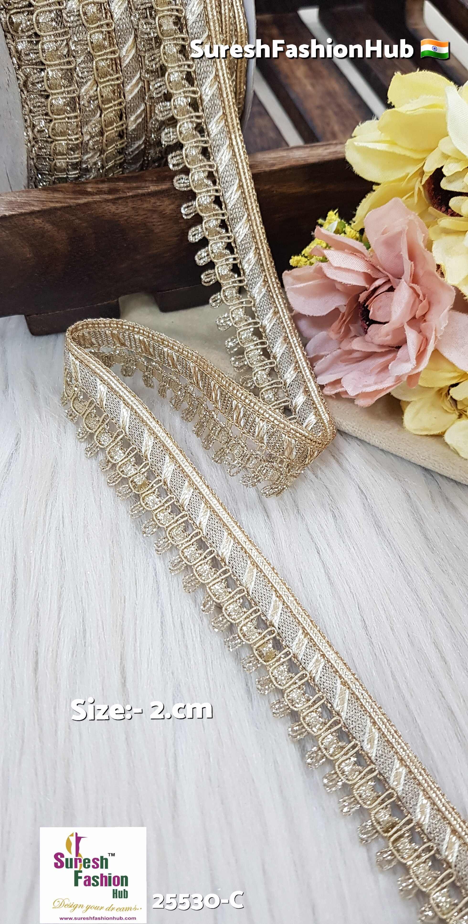 Gota & Pearl Glitter Dori One-Side Jhalar Scalloped Lace - 25530-C