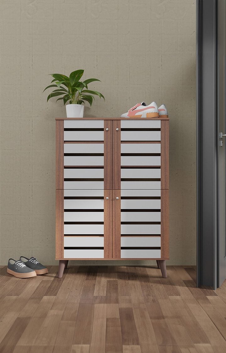 neudot Attic Vertico 4 Door Engineered Wood Shoerack | Footwear Organizer |12 Shelves |Shoe Stand |Slipper Sandals Stand | Wooden Shoe Rack for Home - (Finish Color -Frosty White, Knock Down)