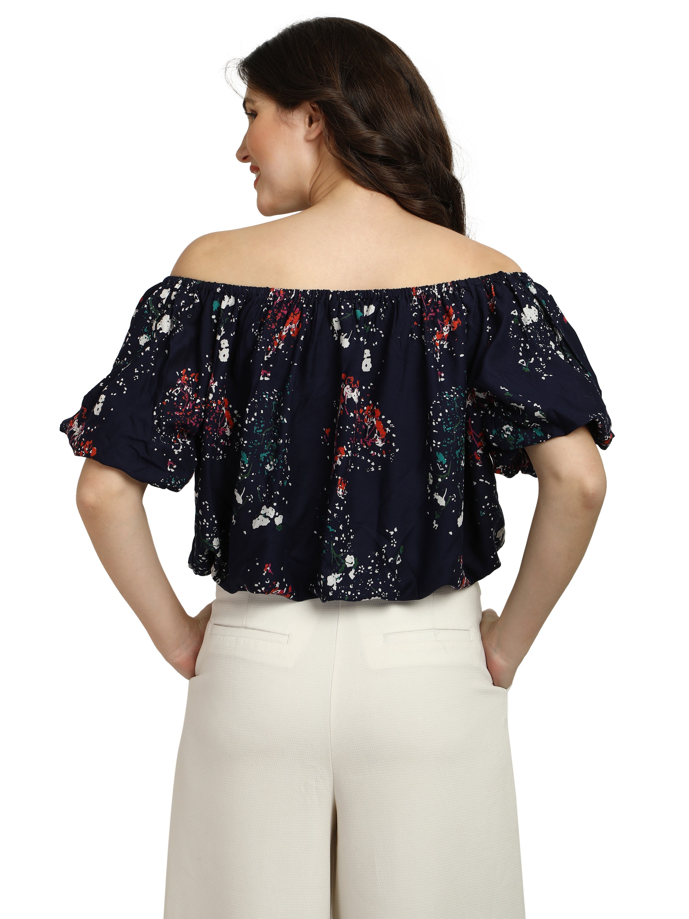 Smarty Pants women's cotton blue color floral print off shoulder top. 